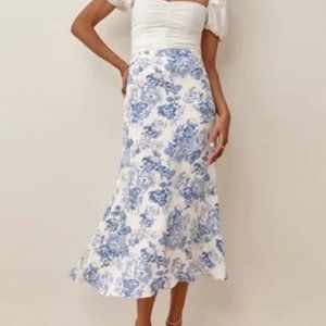 Reformation White and Blue Floral Midi Skirt